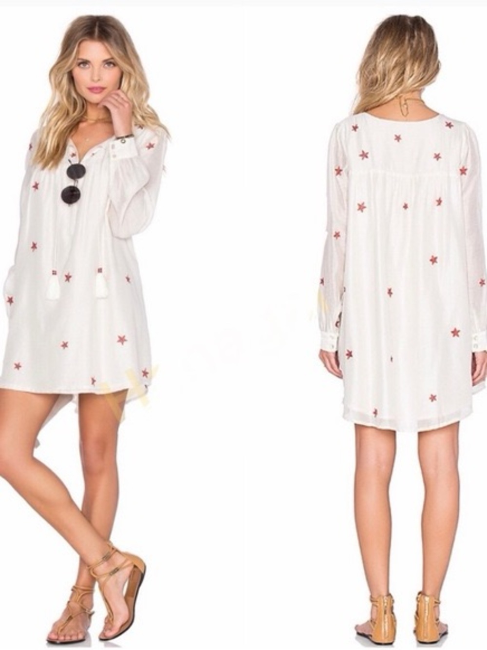 Tularosa Blythe White Long-Sleeve Star-Embroidered Tunic Dress | size M